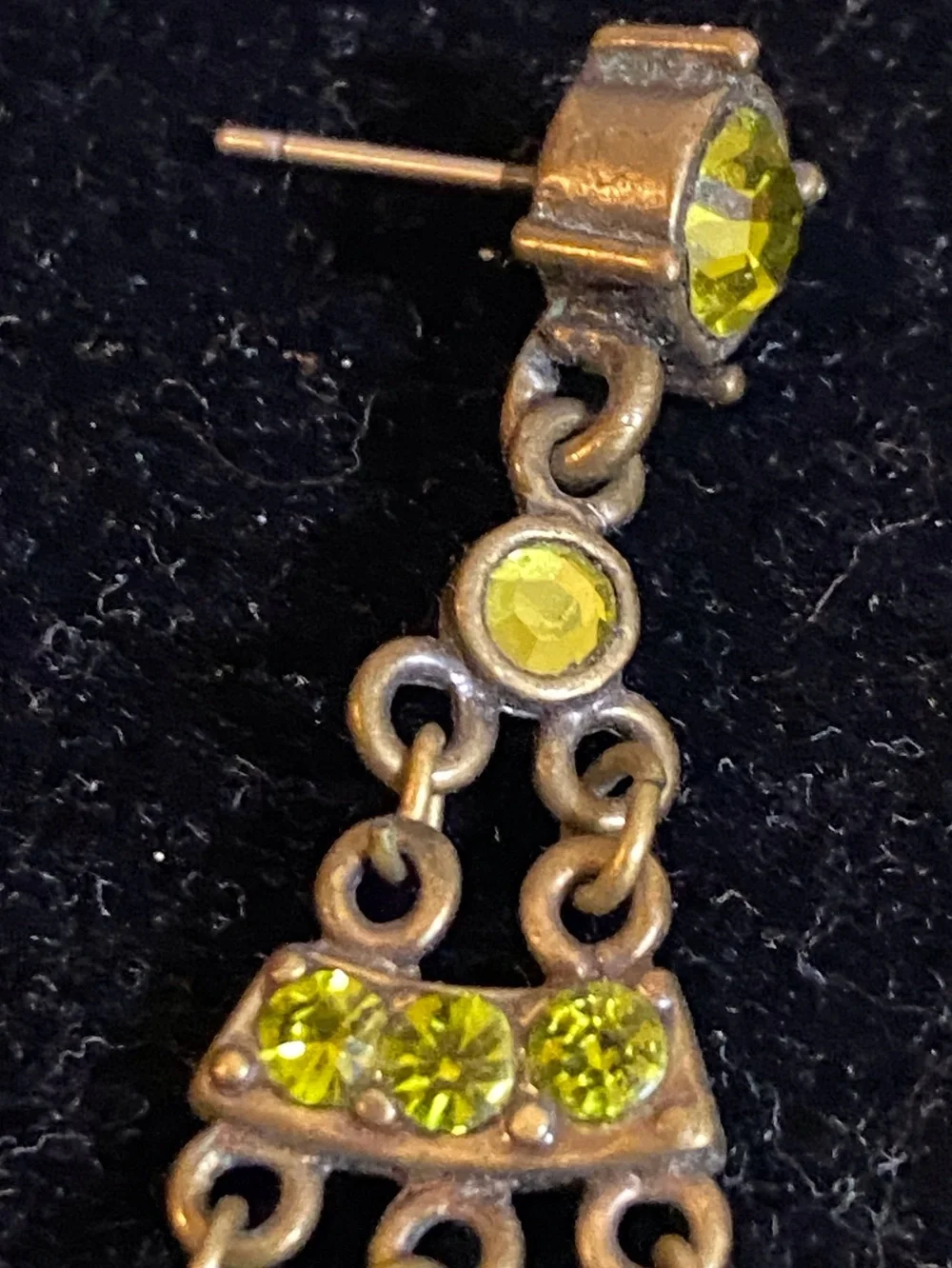 Vintage Yellow Green Teardrop Chandelier Earrings with Crystal Accents